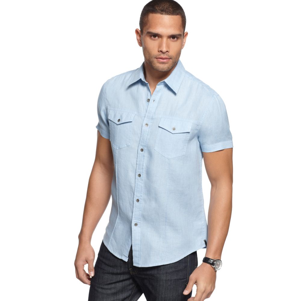 Kenneth Cole Short Sleeve Linen Shirt in Blue for Men (clear day) | Lyst