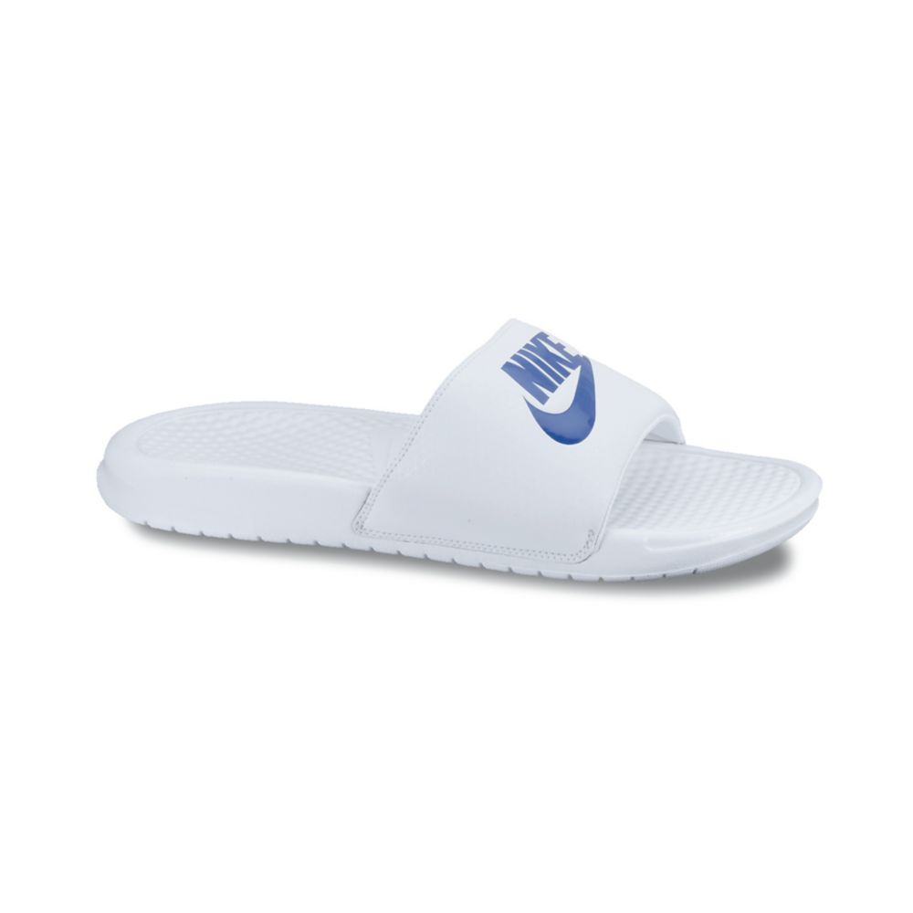 nike slippers blue and white