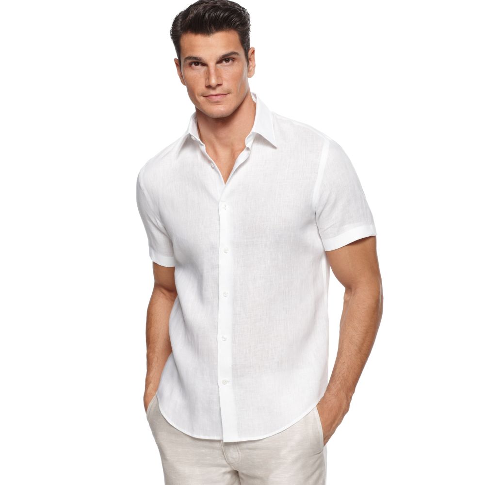 Perry Ellis Short Sleeve Linen Shirt in White for Men | Lyst