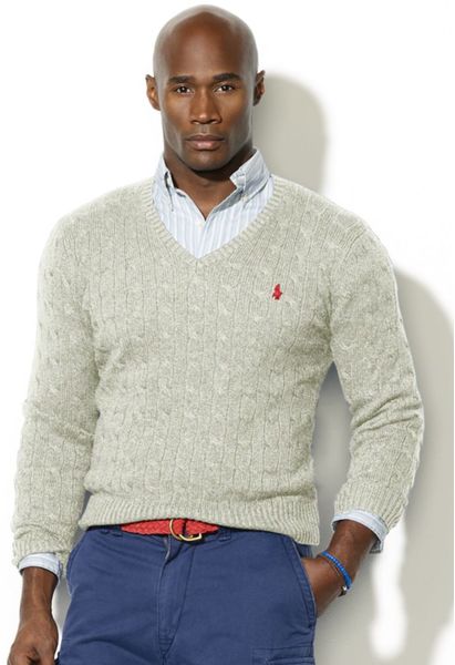 Ralph Lauren Cable Knit Silk V Neck Sweater in Gray for Men (light grey ...