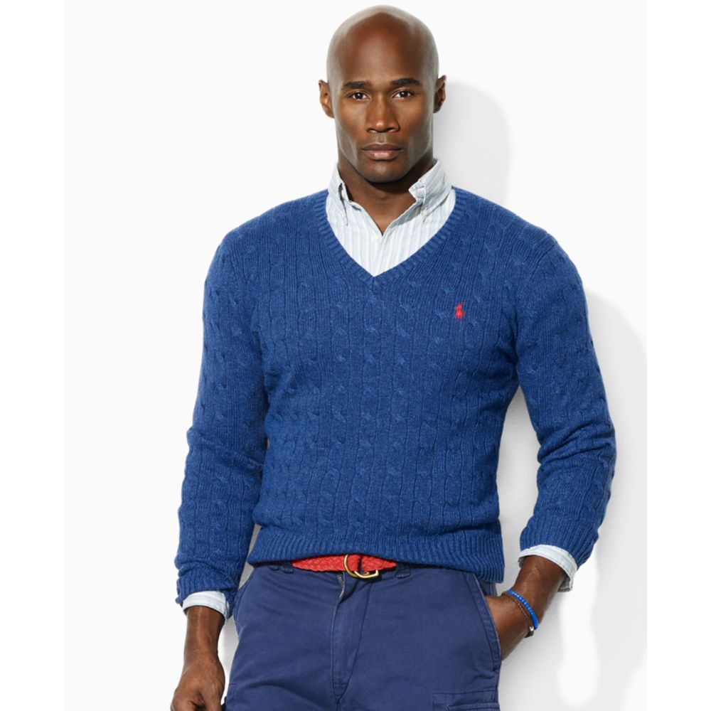 Ralph Lauren Cable Knit Silk V Neck Sweater in Blue for Men - Lyst