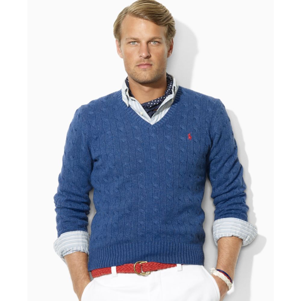 Lyst - Ralph Lauren Cable Knit Silk V Neck Sweater in Blue for Men