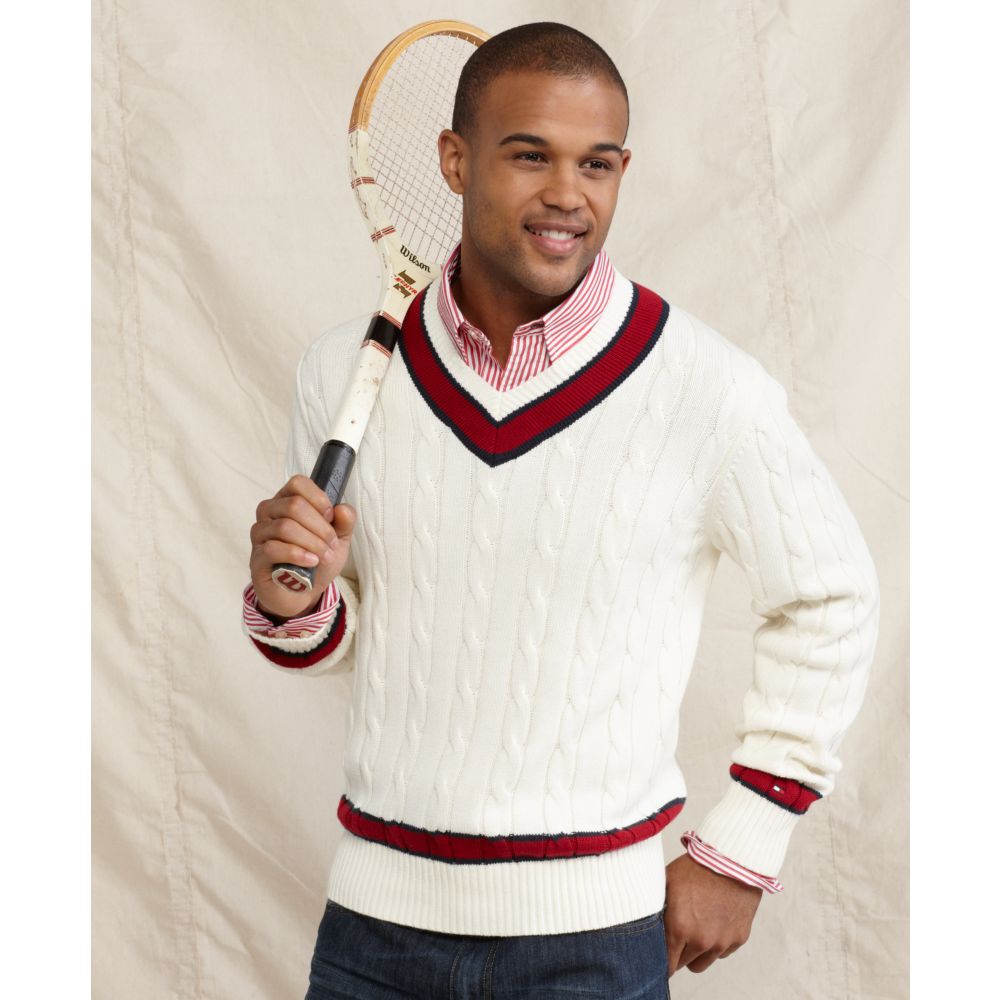 Foresight Eastern radius Tommy Hilfiger Cable Tennis V Neck Sweater in White for Men | Lyst