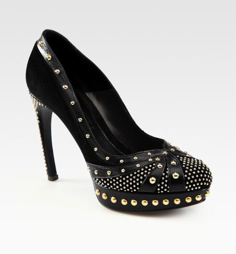 Alexander Mcqueen Studded Leather and Suede Platform Pumps in Black | Lyst