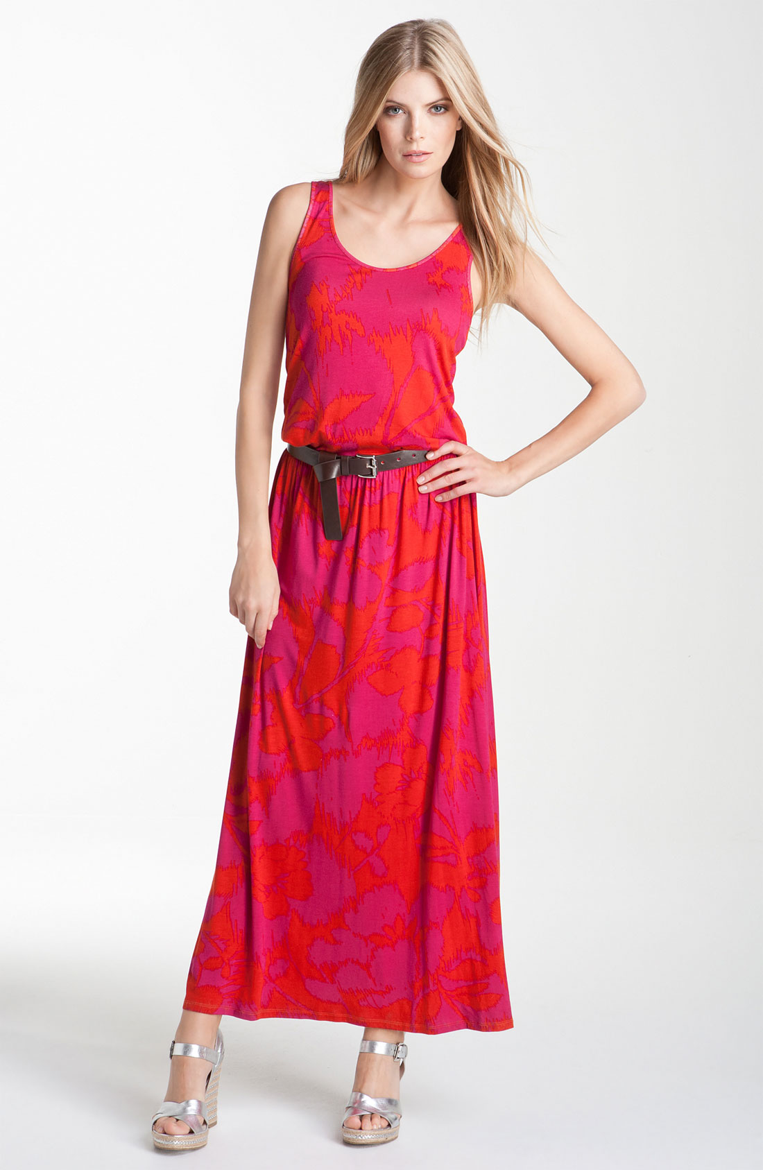 Michael Michael Kors Belted Maxi Tank Dress in Pink (persimmon) | Lyst
