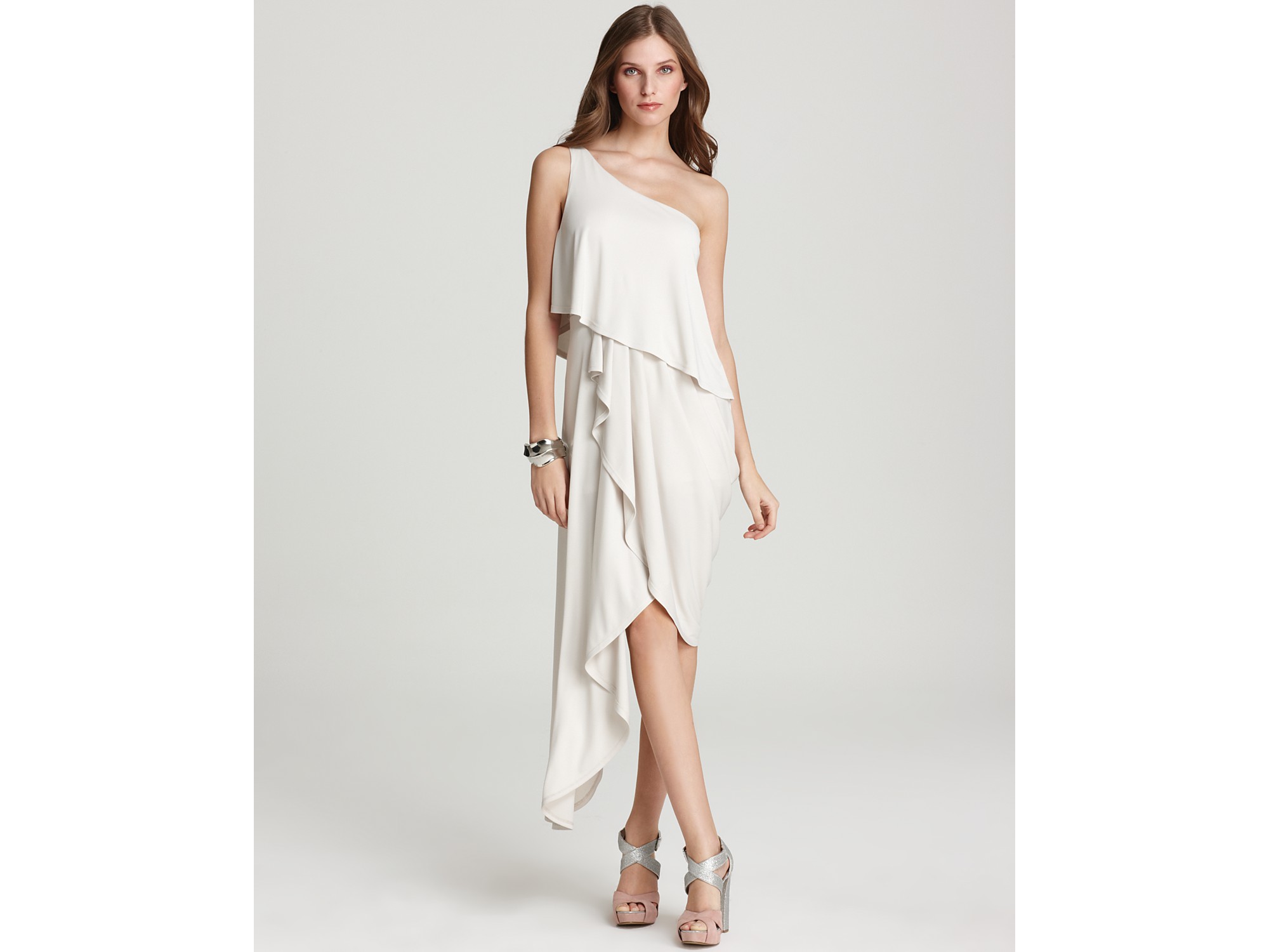 bcbg asymmetrical one shoulder dress