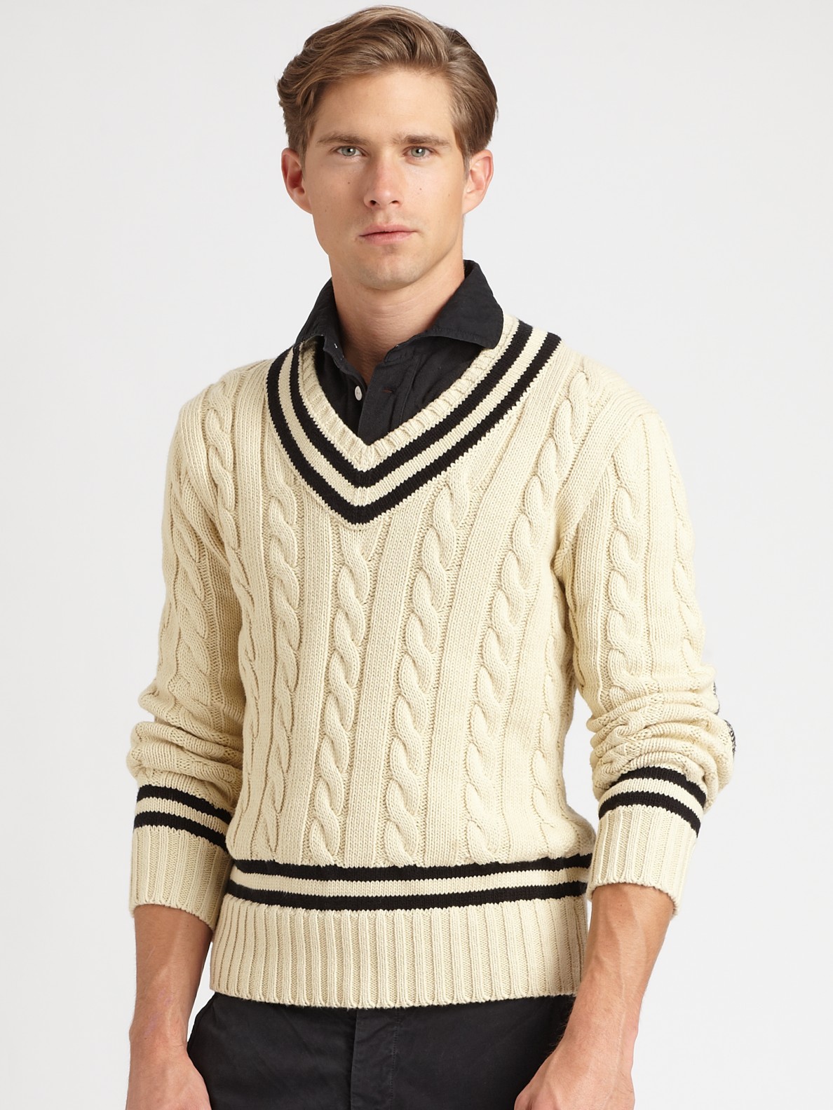 Polo Ralph Lauren Cabled V-neck Cricket Sweater in Natural for Men | Lyst