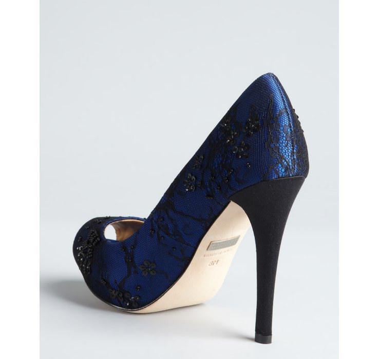 Lyst - Badgley Mischka Royal Blue and Black Beaded Mesh Stella Peep Toe ...