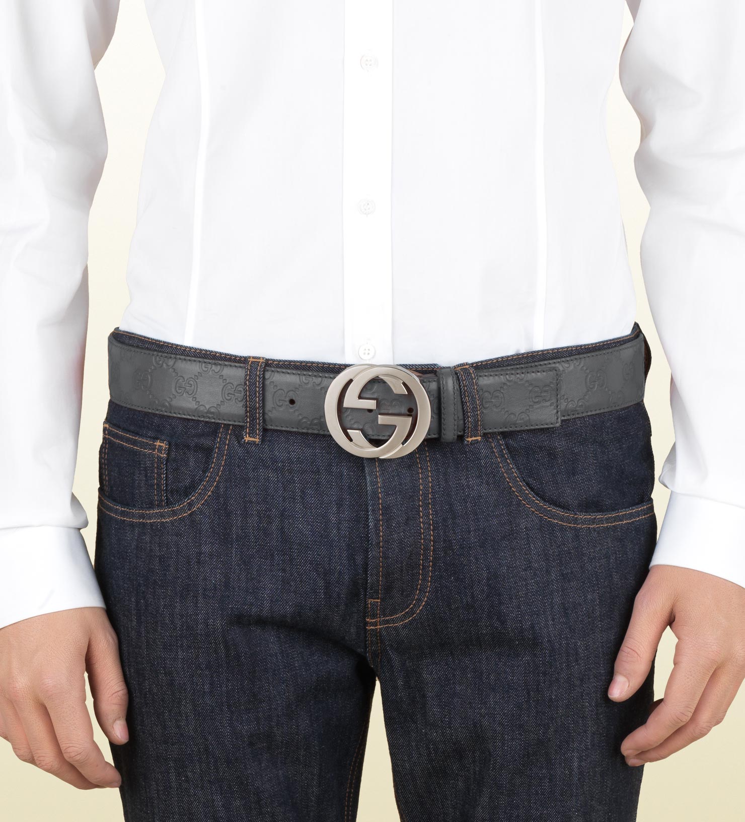 Gucci Ssima Leather Belt With Interlocking G Buckle in Grey (Gray) for ...