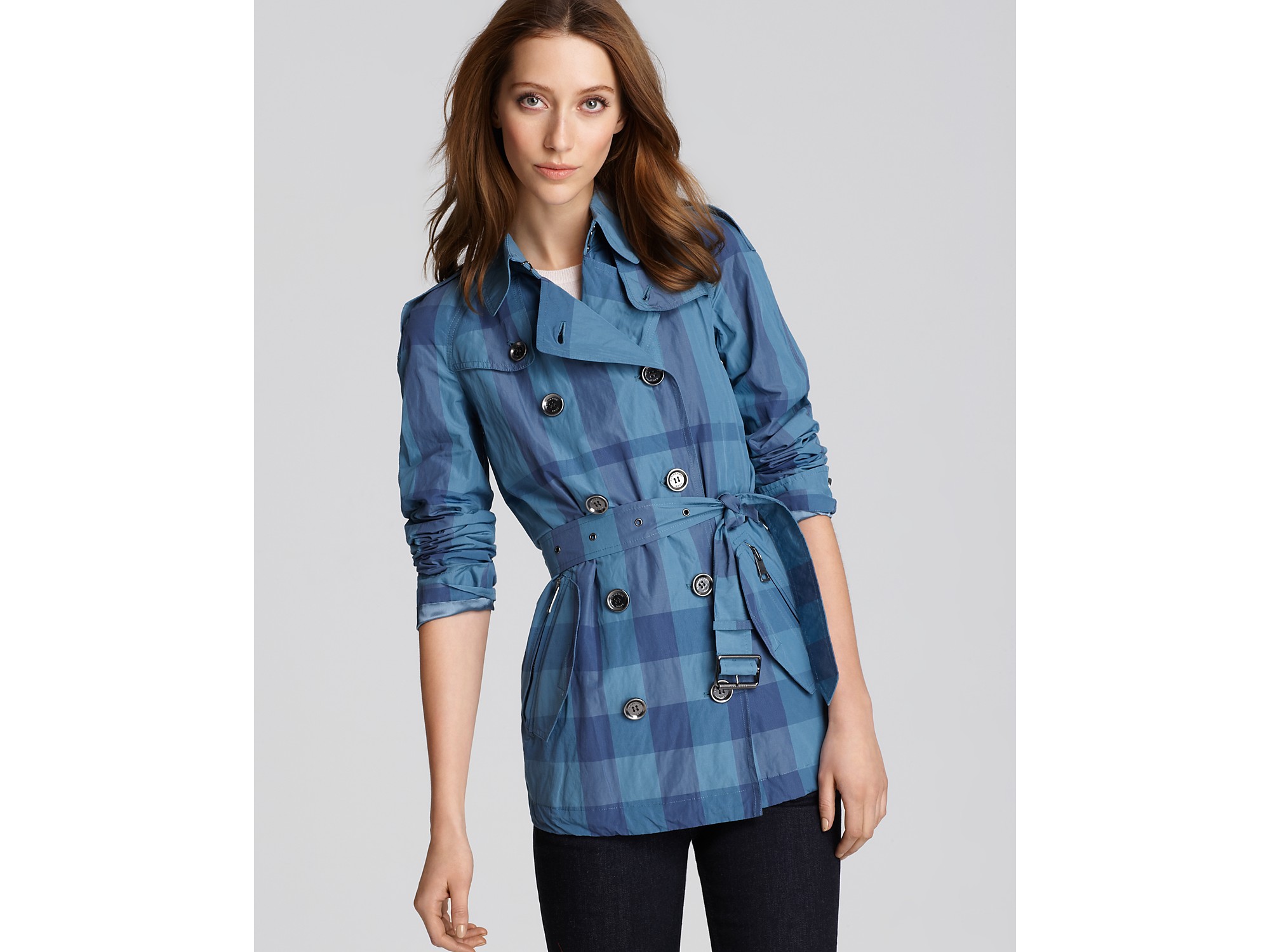 Burberry Brit Metallic Check Printed Packaway Trench in Blue - Lyst