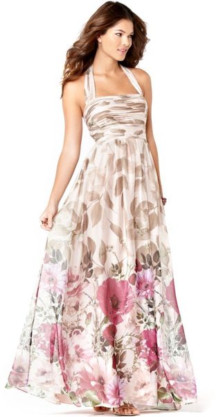 Adrianna Papell Sleeveless Pleated Floral Printed Halter Evening Gown ...