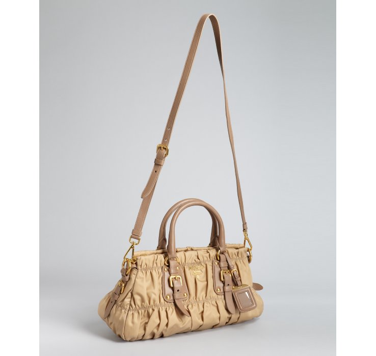 Prada Camel Nylon Gauffre Ruched Buckle Crossbody Satchel in Beige ...