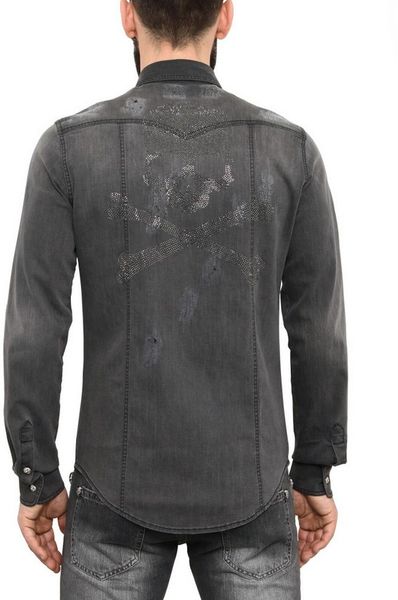 Philipp Plein Swarovski Skull Distressed Denim Shirt in Gray for Men ...