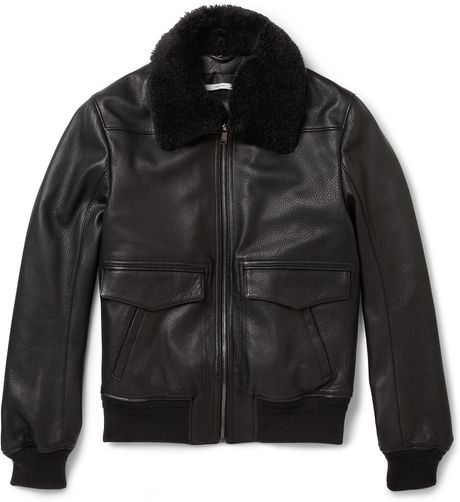 Saint Laurent Shearling Collar Leather Bomber Jacket in Black for Men ...