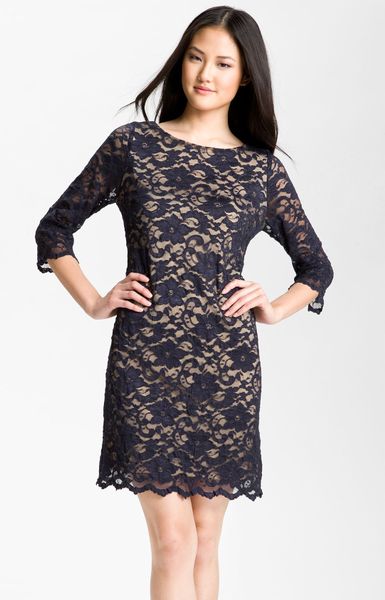 Alexia Admor Lace Overlay Dress in Blue (navy/ nude) | Lyst