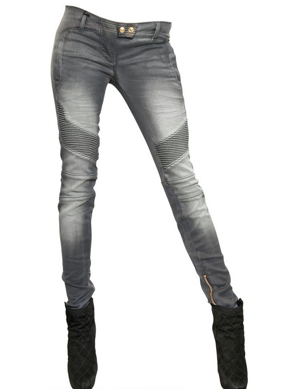 Balmain Stretch Cotton Denim Biker Jeans in Gray | Lyst