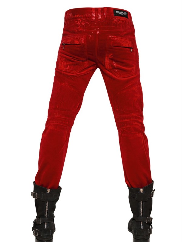 Balmain Waxed Velvet Quilted Biker Jeans in Red for Men | Lyst