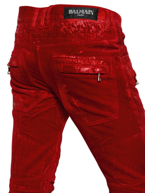bekræfte karakter Revival Balmain Waxed Velvet Quilted Biker Jeans in Red for Men | Lyst