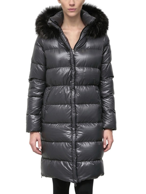 Duvetica Deneb Hooded Fur Matt Nylon Down Jacket in Gray | Lyst