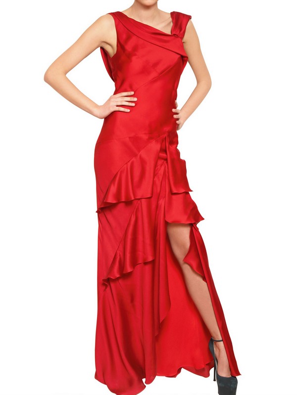 Lyst - John Galliano Ruffled Silk Satin Long Dress in Red