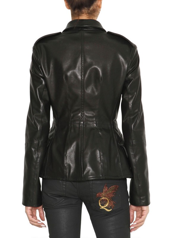 McQ Ruched Back Shiny Leather Jacket in Black - Lyst