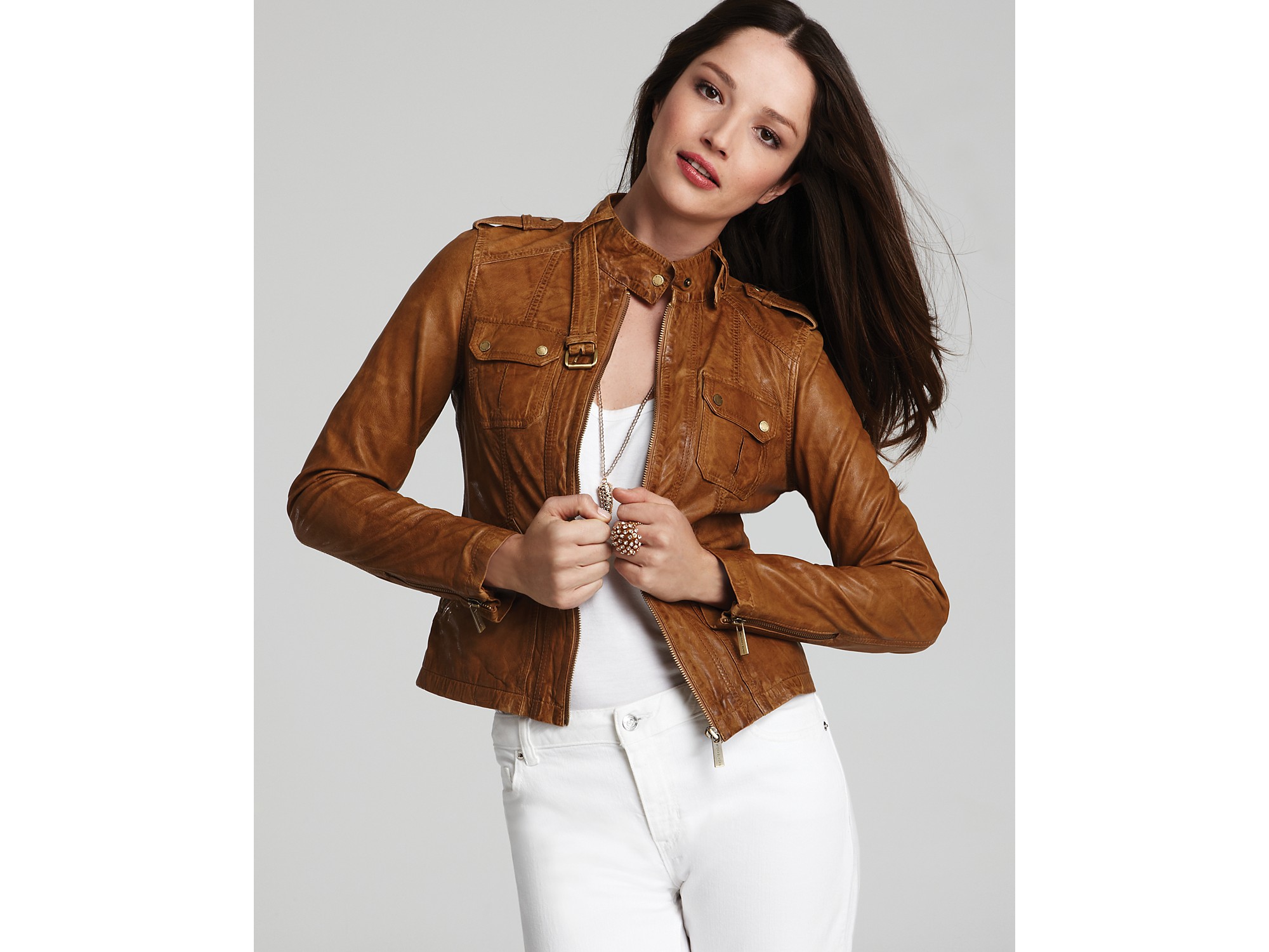 michael kors brown leather jacket womens