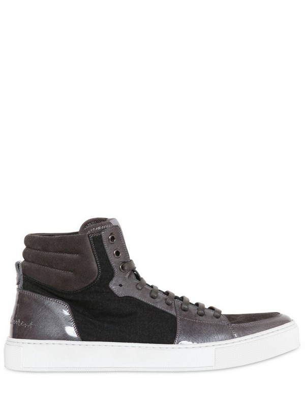 Saint Laurent Malibu High Flannel and Patent Sneakers in Anthracite ...