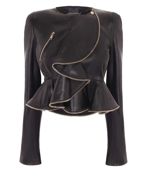 Alexander Mcqueen Zip Wave Ruffle Leather Jacket in Black (gold) | Lyst
