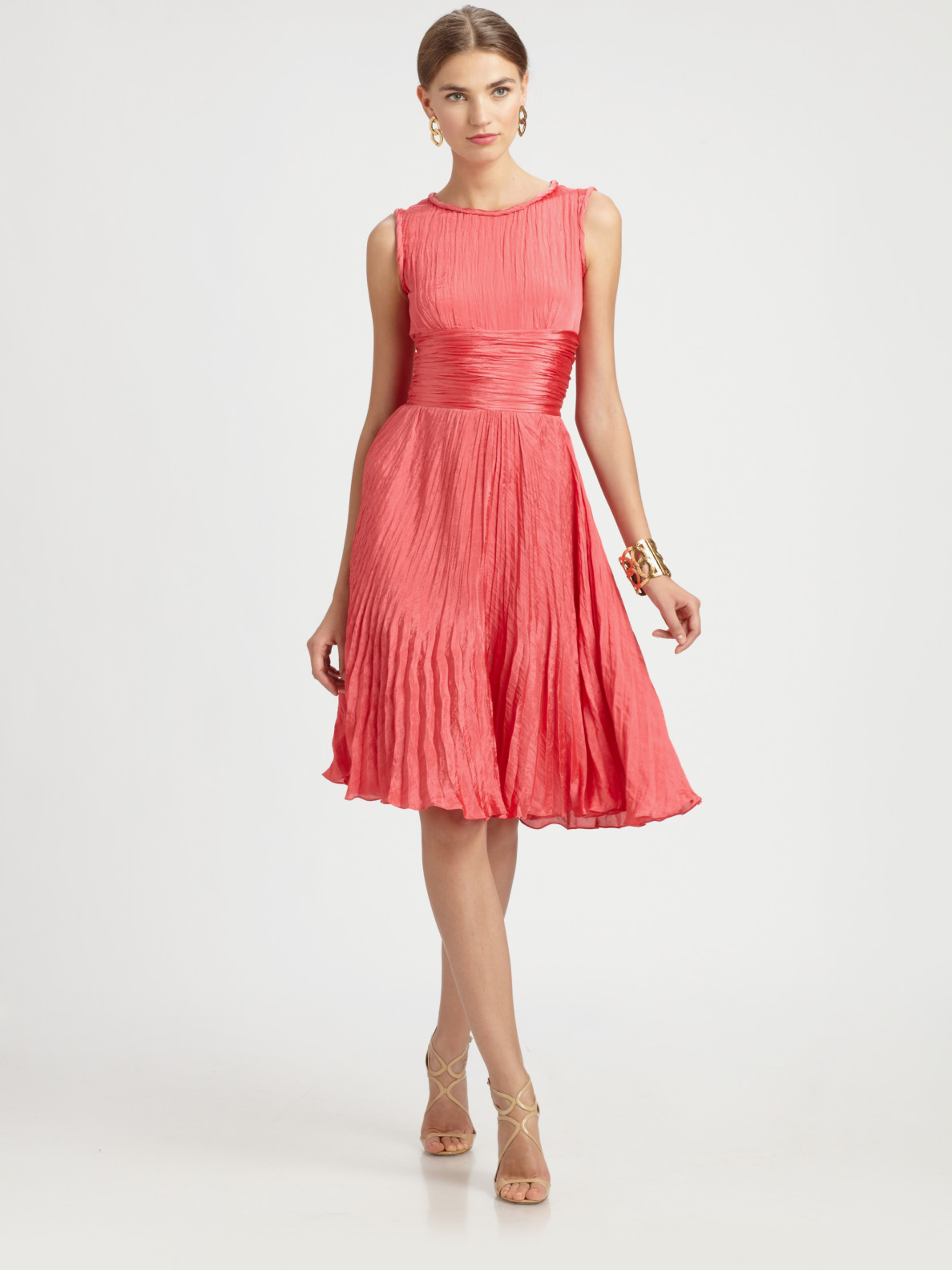 Lyst - Oscar De La Renta Pleated Dress in Red