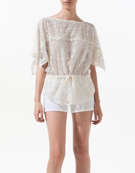 Zara Guipure Lace Top with Drop Sleeve in White (ecru) | Lyst