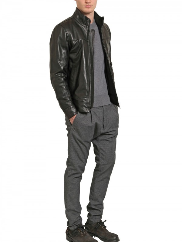 Men S Black Logo Plaque Calfskin Leather Jacket