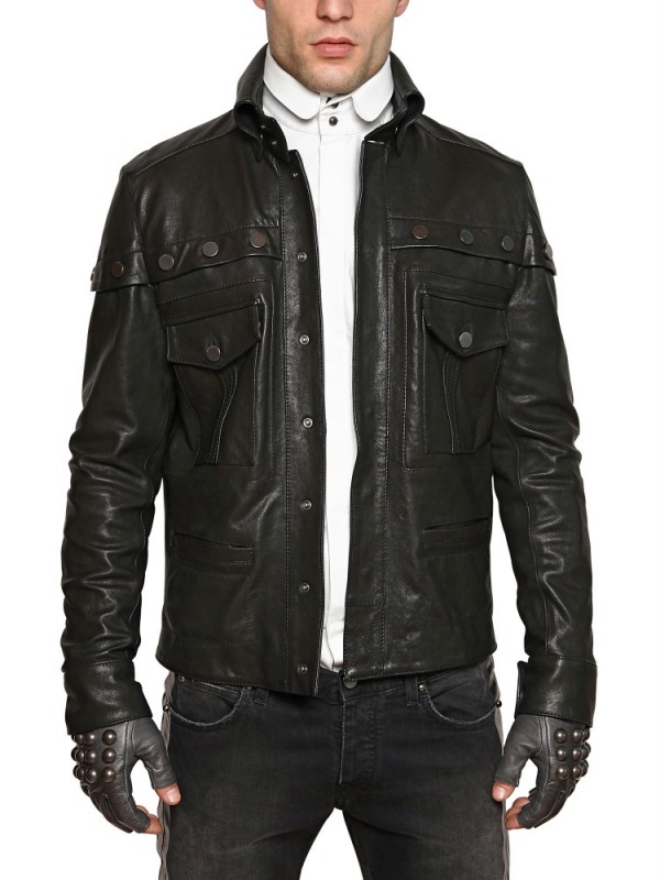 Karl Lagerfeld Black Woven Nappa Carrè On Leather Jacket For Men