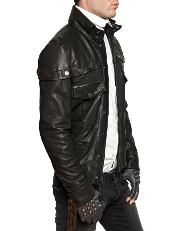 Karl Lagerfeld Black Woven Nappa Carrè On Leather Jacket For Men
