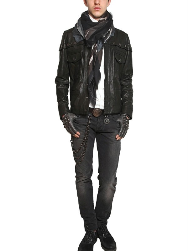 Karl Lagerfeld Black Woven Nappa Carrè On Leather Jacket For Men
