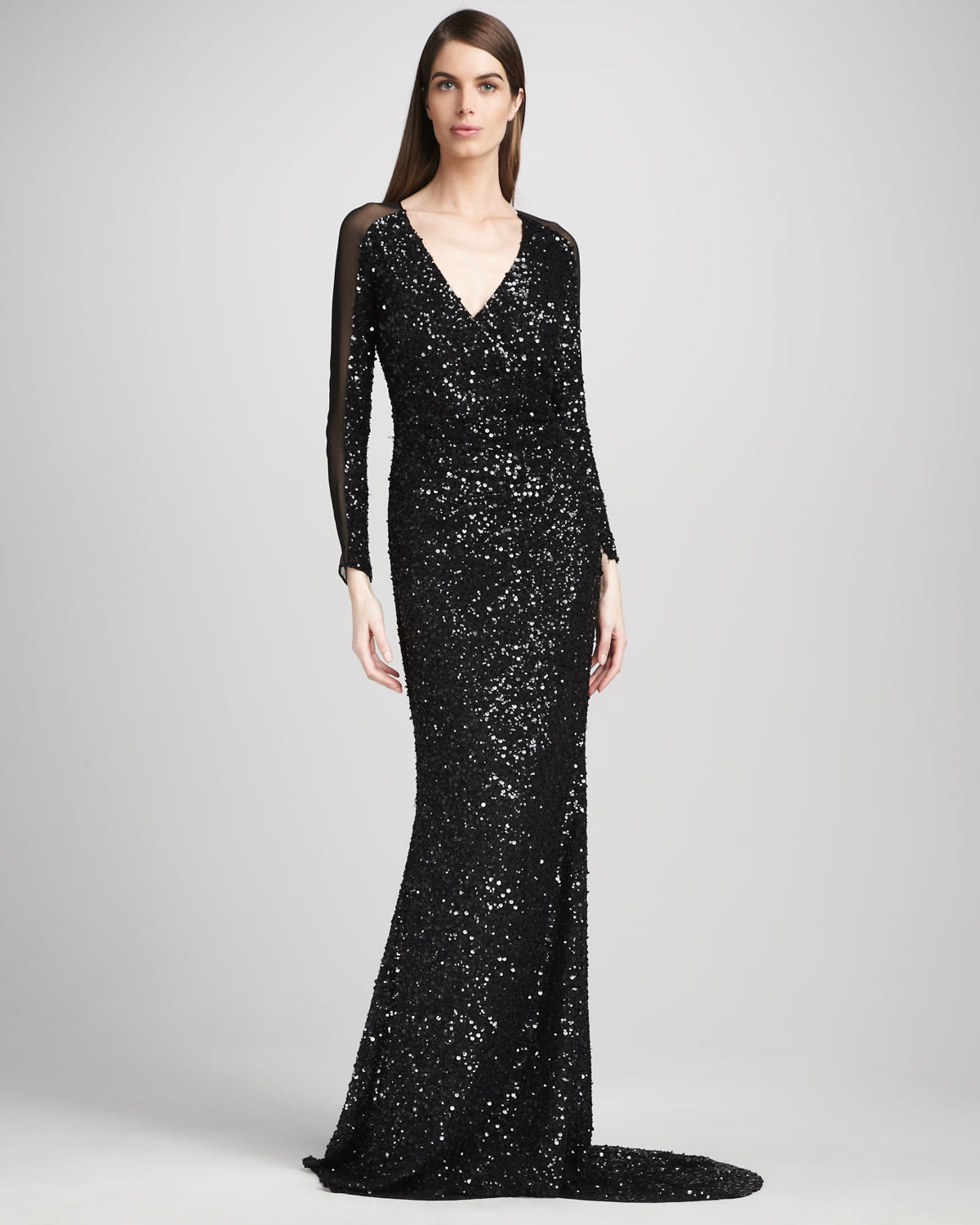 Pamella Roland Sheersleeve Sequin Gown in Black - Lyst