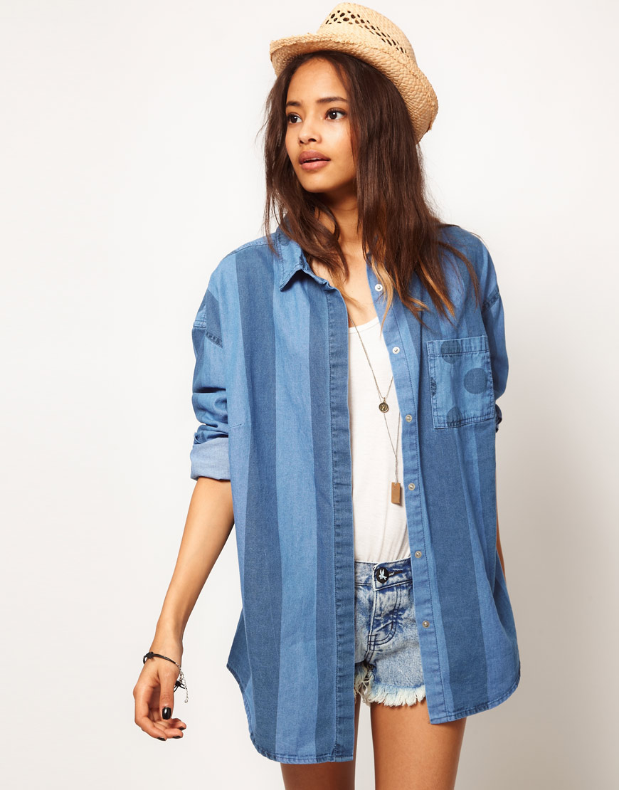Asos Collection Asos Denim Boyfriend Shirt in Spot and Stripe Print in
