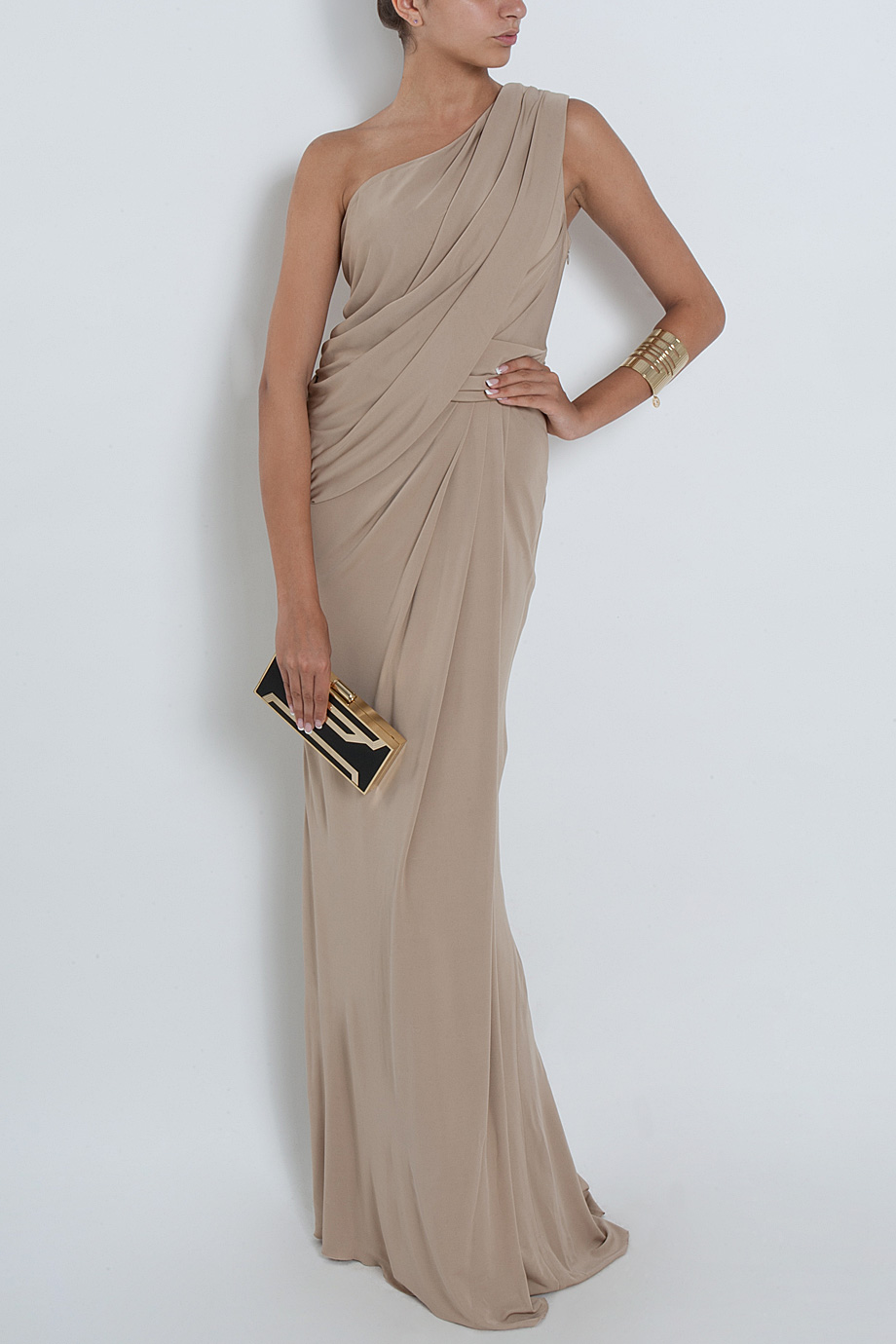 one shoulder draped gown