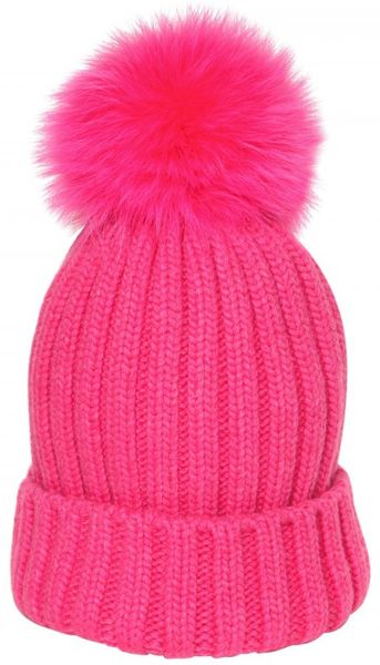 Bun Ribbed Wool Fox Fur Beanie Hat in Pink | Lyst