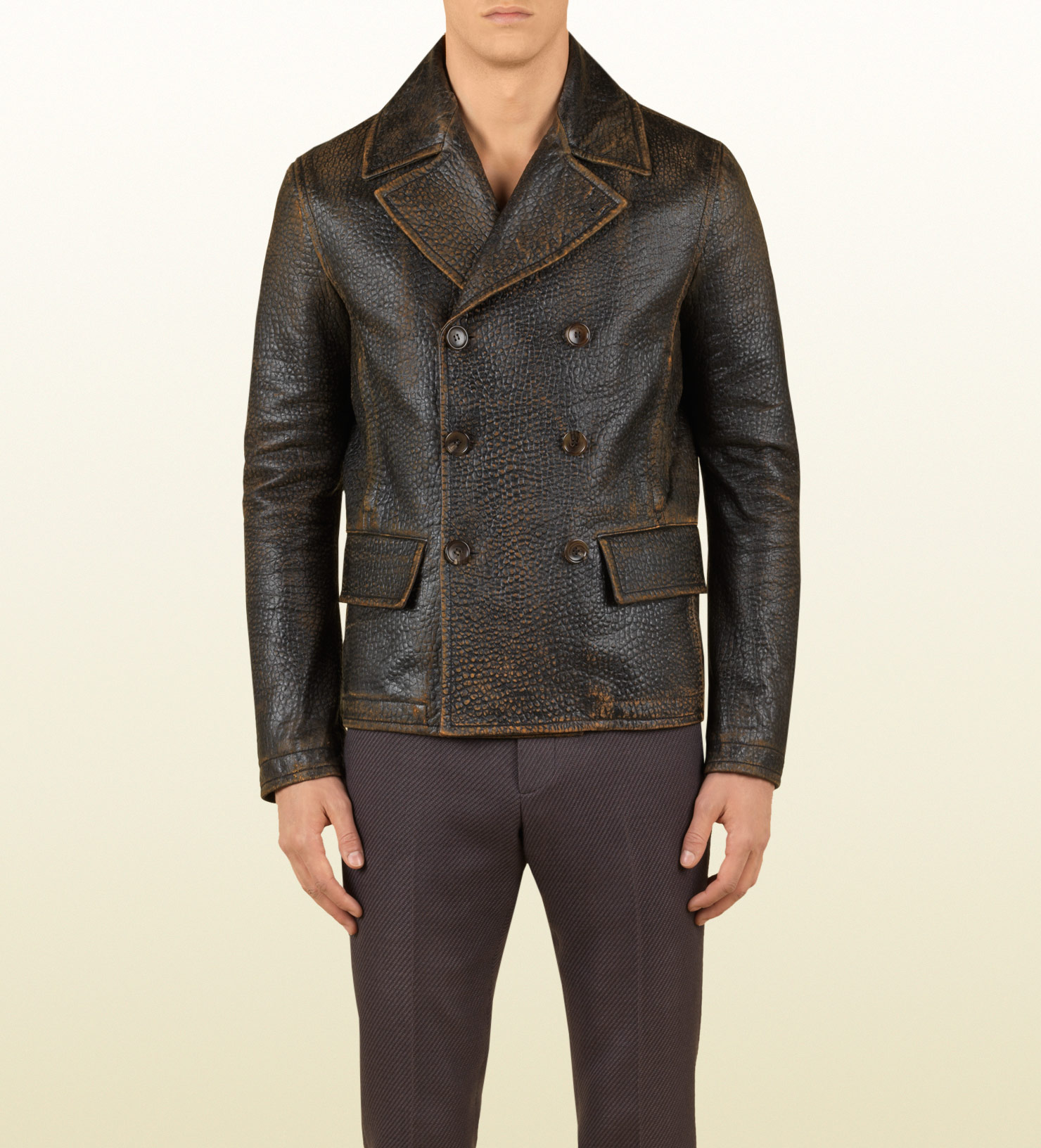Gucci DoubleBreasted Leather Caban Jacket in Brown for Men Lyst