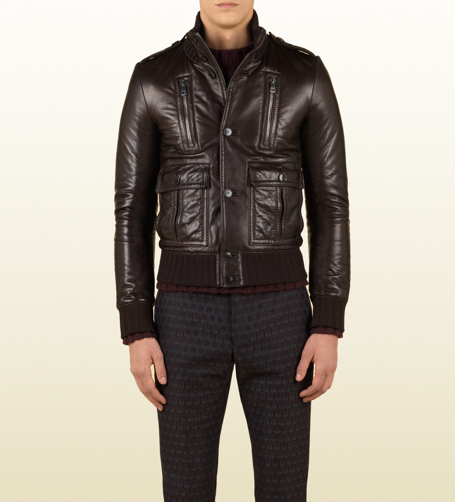 Gucci Leather Biker Jacket with Shearling Collar in Brown for Men - Lyst