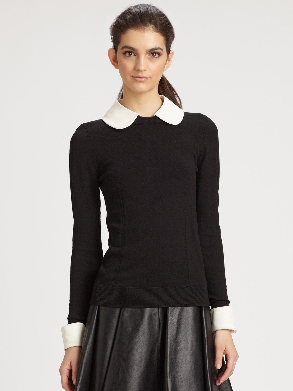 Milly Leather Cuff Collar Sweater in Black Lyst
