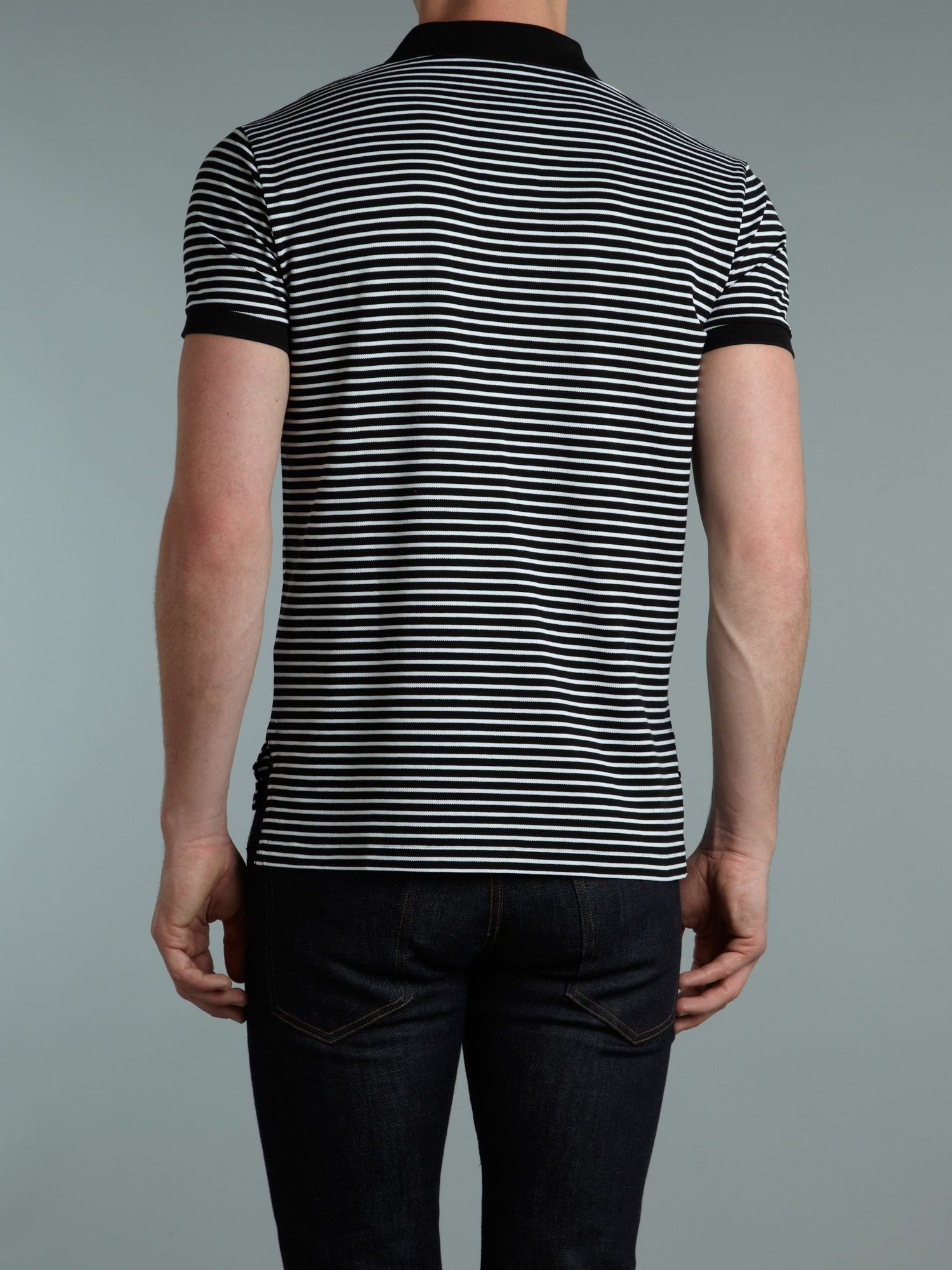 black striped polo shirt