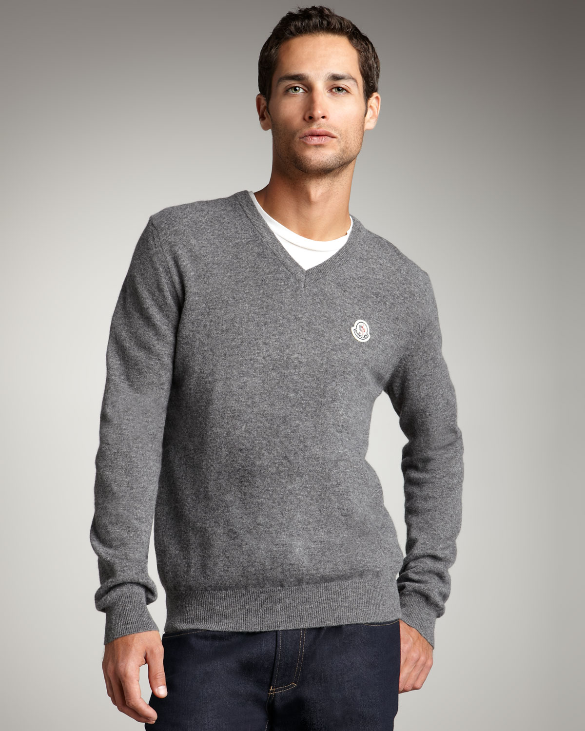 Moncler V-neck Logo Sweater in Charcoal 