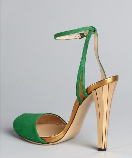 Gucci Emerald Suede Delphine Ankle Strep Mirrored Heel Sandal in Green ...