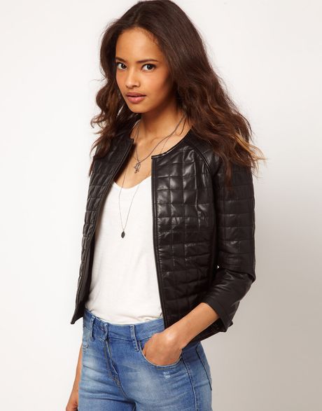 Asos Collection Asos Square Quilted Leather Collarless Bomber Jacket in ...
