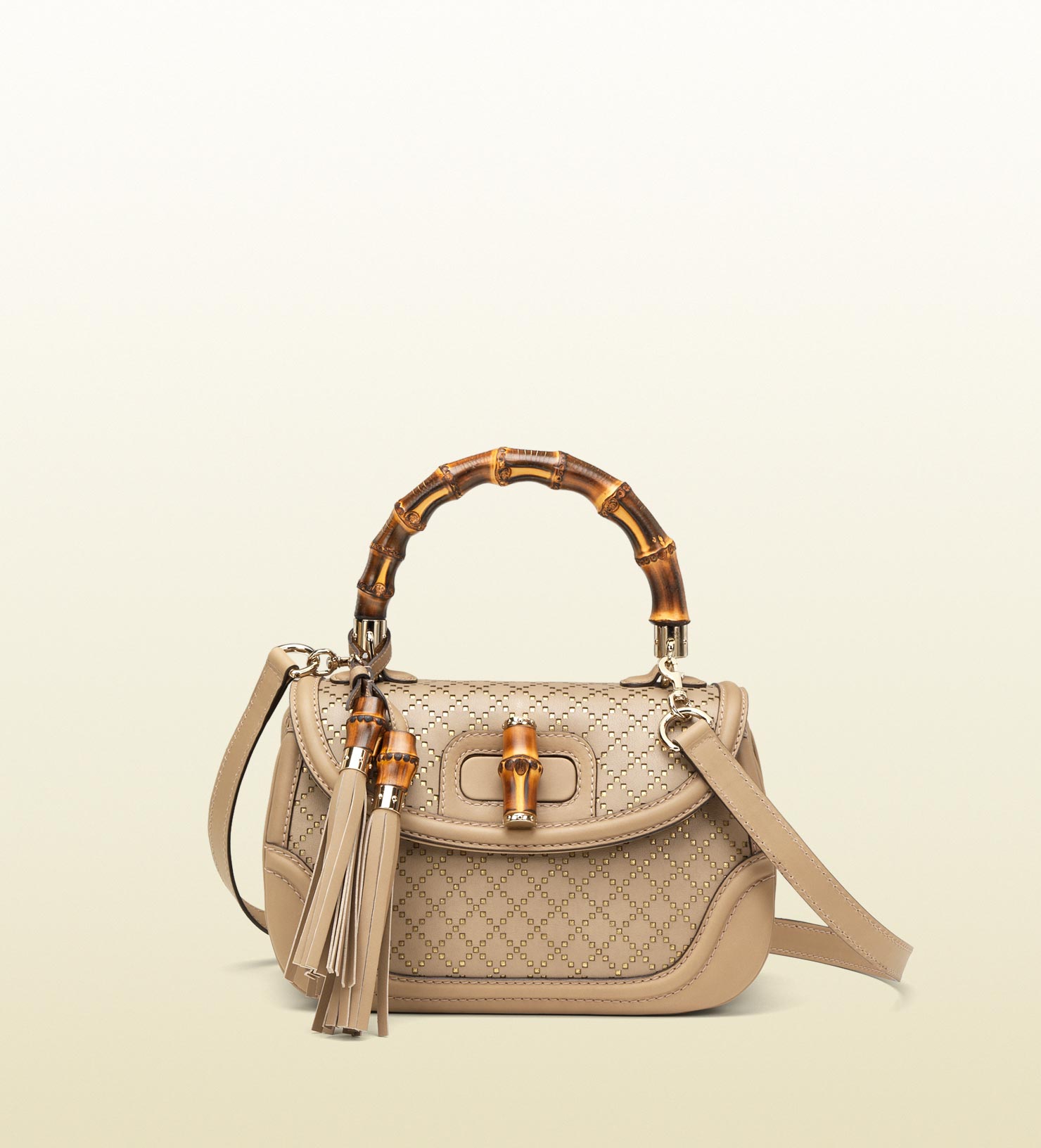 Gucci New Bamboo Bi-color Diamante Leather Top Handle Bag in Natural - Lyst