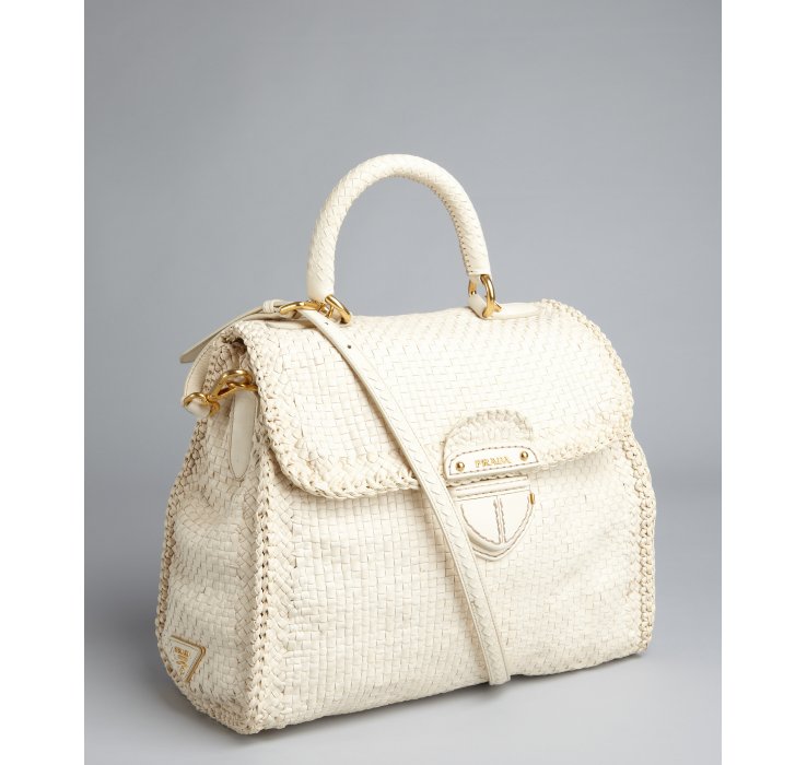 Prada Woven Leather Madras Satchel in White (ivory) | Lyst