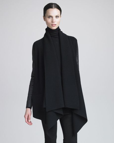 Donna Karan New York Leathersleeve Ribknit Sweater in Black | Lyst