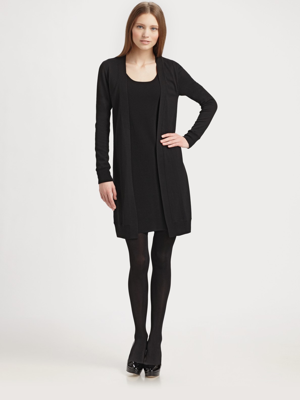 black dress with cardigan