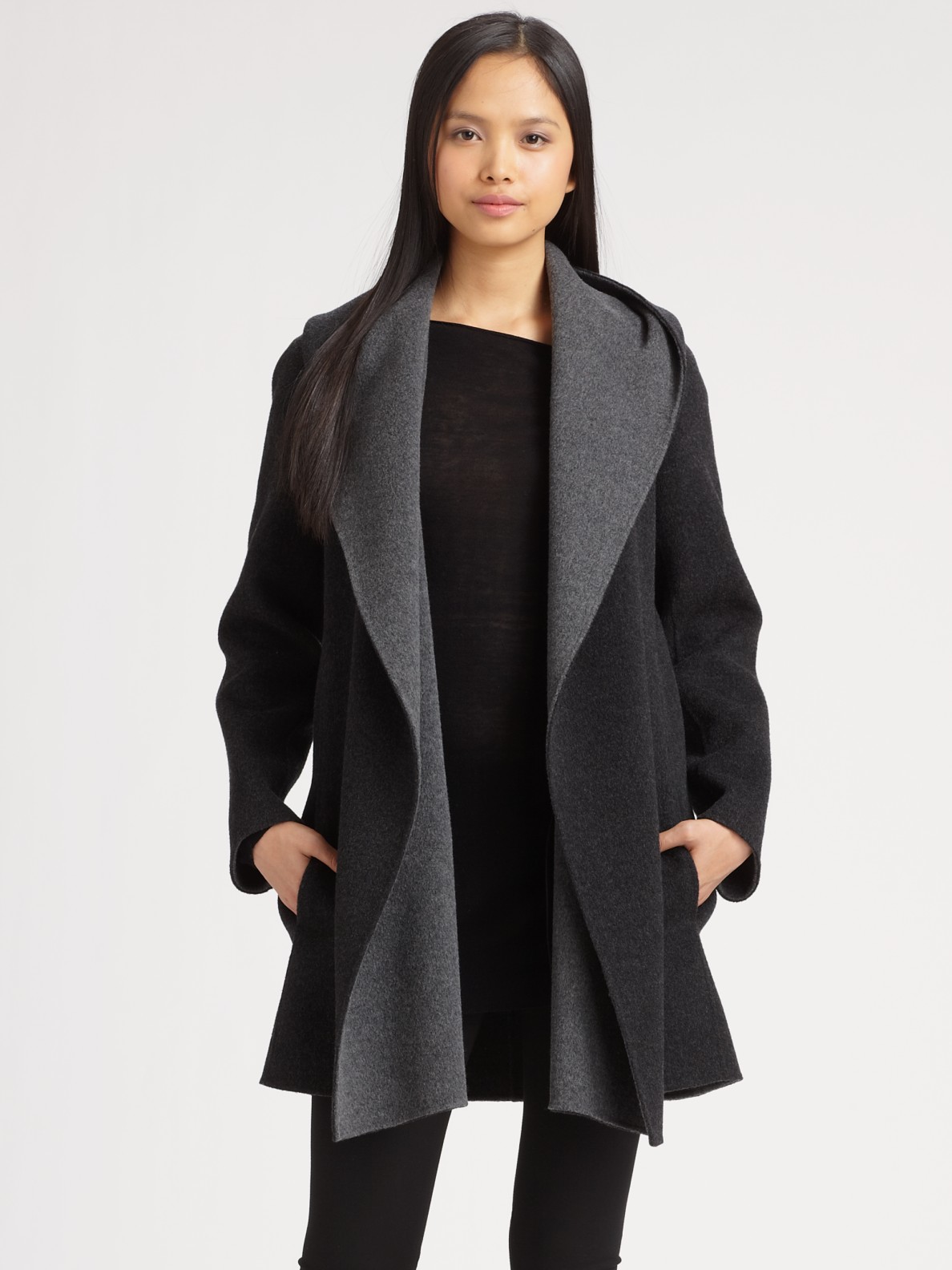 Vince Draped Hooded Coat In Charcoal Gray Lyst